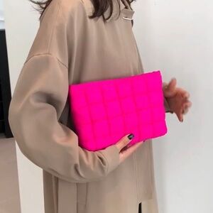 NEW Quilted Padded Puffy Clutch Pouch Cosmetic Bag Hot Pink Puff Puffer